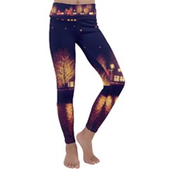 Night Houses River Bokeh Leaves Kids  Lightweight Velour Classic Yoga Leggings by Ravend