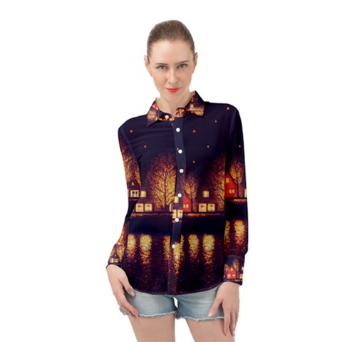 Night Houses River Bokeh Leaves Long Sleeve Chiffon Shirt by Ravend