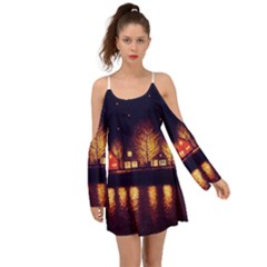 Night Houses River Bokeh Leaves Boho Dress by Ravend