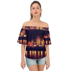 Night Houses River Bokeh Leaves Off Shoulder Short Sleeve Top by Ravend