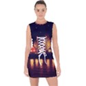 Night Houses River Bokeh Leaves Lace Up Front Bodycon Dress View1