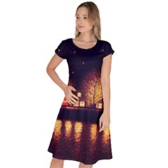 Night Houses River Bokeh Leaves Classic Short Sleeve Dress by Ravend