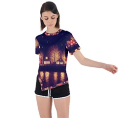 Night Houses River Bokeh Leaves Asymmetrical Short Sleeve Sports Tee by Ravend