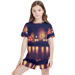 Night Houses River Bokeh Leaves Kids  Tee And Sports Shorts Set by Ravend