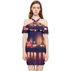 Night Houses River Bokeh Leaves Shoulder Frill Bodycon Summer Dress by Ravend