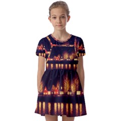 Night Houses River Bokeh Leaves Kids  Short Sleeve Pinafore Style Dress by Ravend