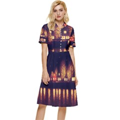 Night Houses River Bokeh Leaves Button Top Knee Length Dress by Ravend