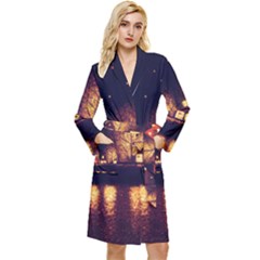 Night Houses River Bokeh Leaves Long Sleeve Velvet Robe by Ravend