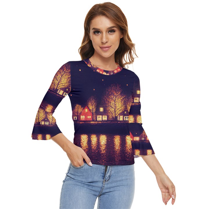 Night Houses River Bokeh Leaves Bell Sleeve Top