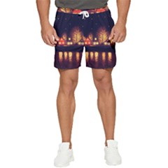 Night Houses River Bokeh Leaves Men s Runner Shorts by Ravend