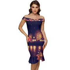 Night Houses River Bokeh Leaves Off Shoulder Ruffle Split Hem Bodycon Dress by Ravend