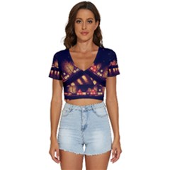 Night Houses River Bokeh Leaves V-neck Crop Top by Ravend