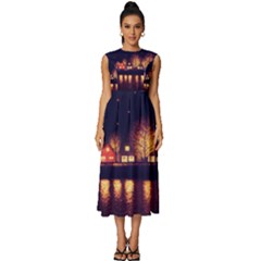 Night Houses River Bokeh Leaves Sleeveless Round Neck Midi Dress by Ravend