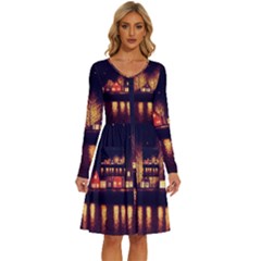 Night Houses River Bokeh Leaves Long Sleeve Dress With Pocket