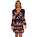 Night Houses River Bokeh Leaves Long Sleeve Waist Tie Ruffle Velvet Dress View1