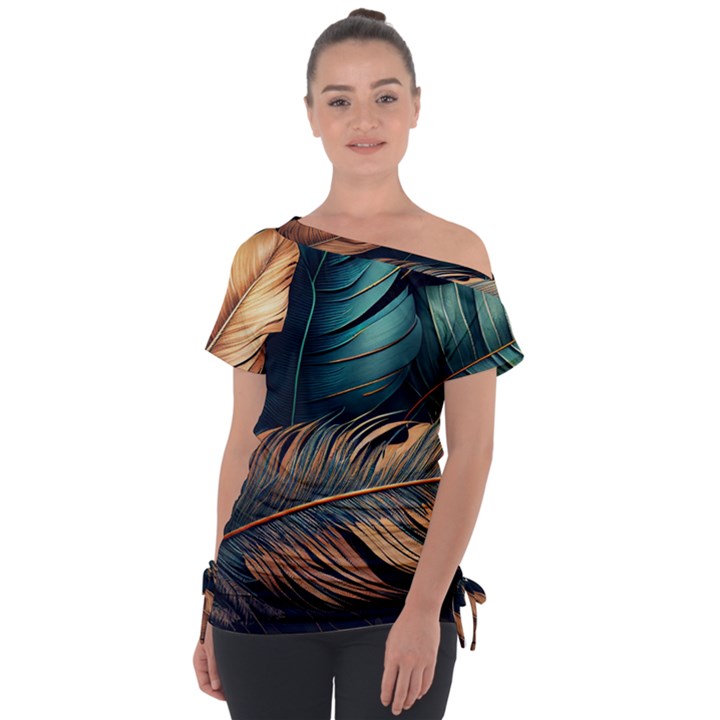 Ai Generated Leaves Foliage Plants Off Shoulder Tie-Up Tee