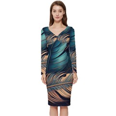 Ai Generated Leaves Foliage Plants Long Sleeve V-neck Bodycon Dress  by Ravend