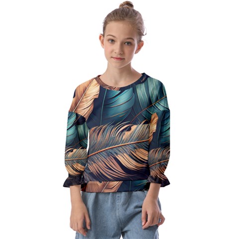 Ai Generated Leaves Foliage Plants Kids  Cuff Sleeve Top by Ravend