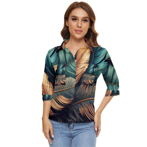 Ai Generated Leaves Foliage Plants Women s Quarter Sleeve Pocket Shirt by Ravend