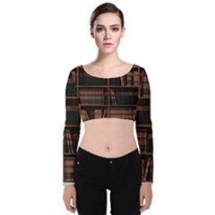 Books Bookshelf Bookcase Library Velvet Long Sleeve Crop Top by Ravend