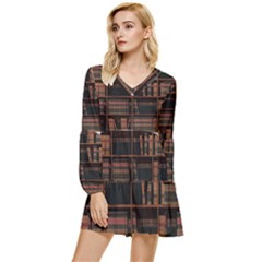 Books Bookshelf Bookcase Library Tiered Long Sleeve Mini Dress by Ravend