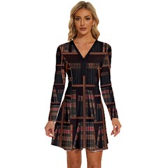 Books Bookshelf Bookcase Library Long Sleeve Deep V Mini Dress  by Ravend