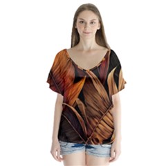 Ai Generated Leaves Tropical Palm V-neck Flutter Sleeve Top by Ravend