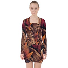 Ai Generated Leaves Tropical Palm V-neck Bodycon Long Sleeve Dress by Ravend