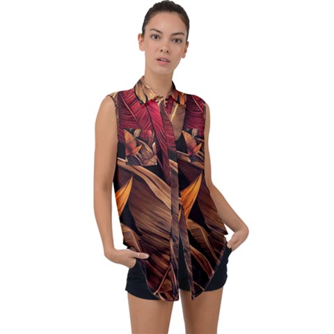 Ai Generated Leaves Tropical Palm Sleeveless Chiffon Button Shirt by Ravend