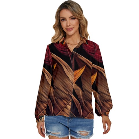 Ai Generated Leaves Tropical Palm Women s Long Sleeve Button Down Shirt by Ravend