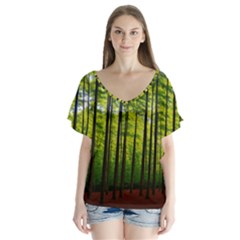 Green Forest Jungle Trees Nature Sunny V-neck Flutter Sleeve Top by Ravend