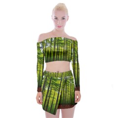 Green Forest Jungle Trees Nature Sunny Off Shoulder Top With Mini Skirt Set by Ravend