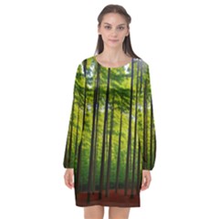 Green Forest Jungle Trees Nature Sunny Long Sleeve Chiffon Shift Dress  by Ravend