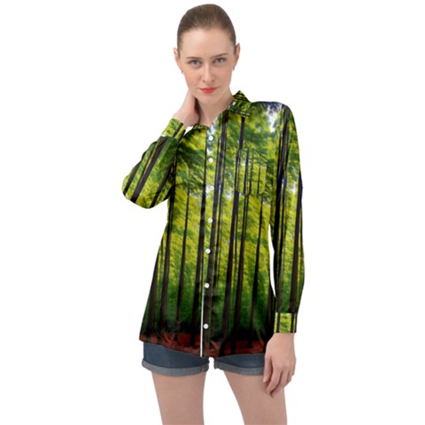 Green Forest Jungle Trees Nature Sunny Long Sleeve Satin Shirt by Ravend