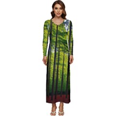 Green Forest Jungle Trees Nature Sunny Long Sleeve Longline Maxi Dress by Ravend