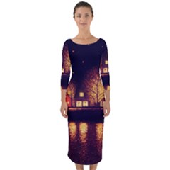 Night Houses River Bokeh Leaves Landscape Nature Quarter Sleeve Midi Bodycon Dress by Ravend