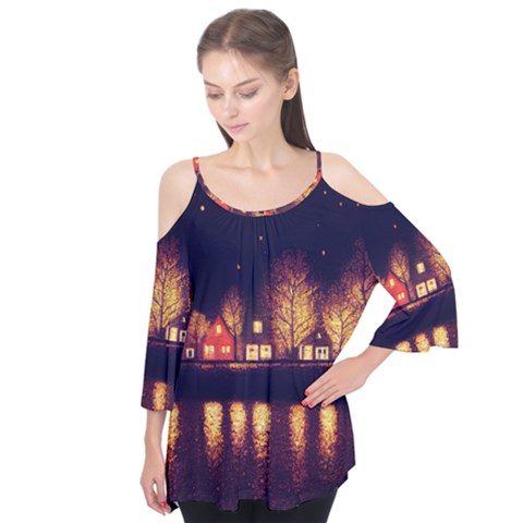 Night Houses River Bokeh Leaves Landscape Nature Flutter Tees by Ravend