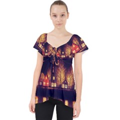 Night Houses River Bokeh Leaves Landscape Nature Lace Front Dolly Top by Ravend