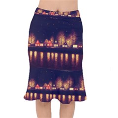 Night Houses River Bokeh Leaves Landscape Nature Short Mermaid Skirt by Ravend