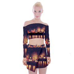 Night Houses River Bokeh Leaves Landscape Nature Off Shoulder Top With Mini Skirt Set by Ravend