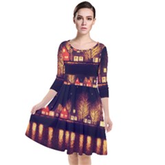 Night Houses River Bokeh Leaves Landscape Nature Quarter Sleeve Waist Band Dress by Ravend