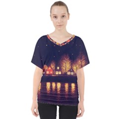 Night Houses River Bokeh Leaves Landscape Nature V-neck Dolman Drape Top by Ravend