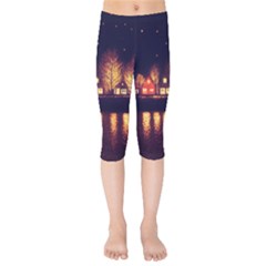 Night Houses River Bokeh Leaves Landscape Nature Kids  Capri Leggings  by Ravend