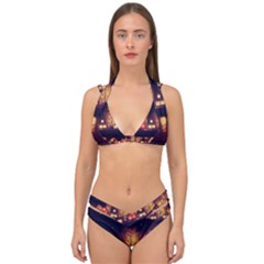 Night Houses River Bokeh Leaves Landscape Nature Double Strap Halter Bikini Set by Ravend