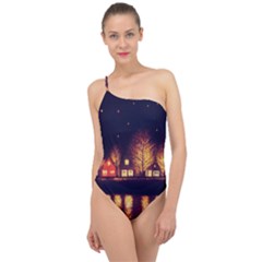 Night Houses River Bokeh Leaves Landscape Nature Classic One Shoulder Swimsuit by Ravend