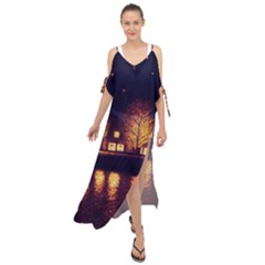 Night Houses River Bokeh Leaves Landscape Nature Maxi Chiffon Cover Up Dress by Ravend