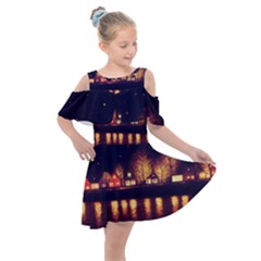 Night Houses River Bokeh Leaves Landscape Nature Kids  Shoulder Cutout Chiffon Dress by Ravend