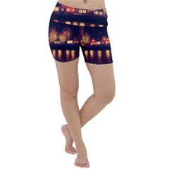 Night Houses River Bokeh Leaves Landscape Nature Lightweight Velour Yoga Shorts by Ravend