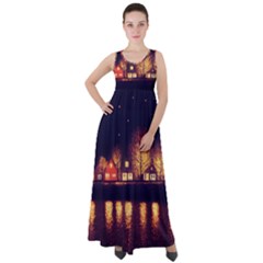 Night Houses River Bokeh Leaves Landscape Nature Empire Waist Velour Maxi Dress by Ravend