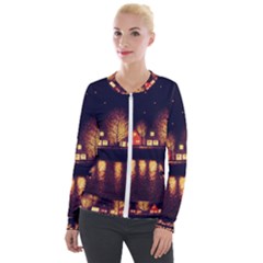 Night Houses River Bokeh Leaves Landscape Nature Velvet Zip Up Jacket by Ravend